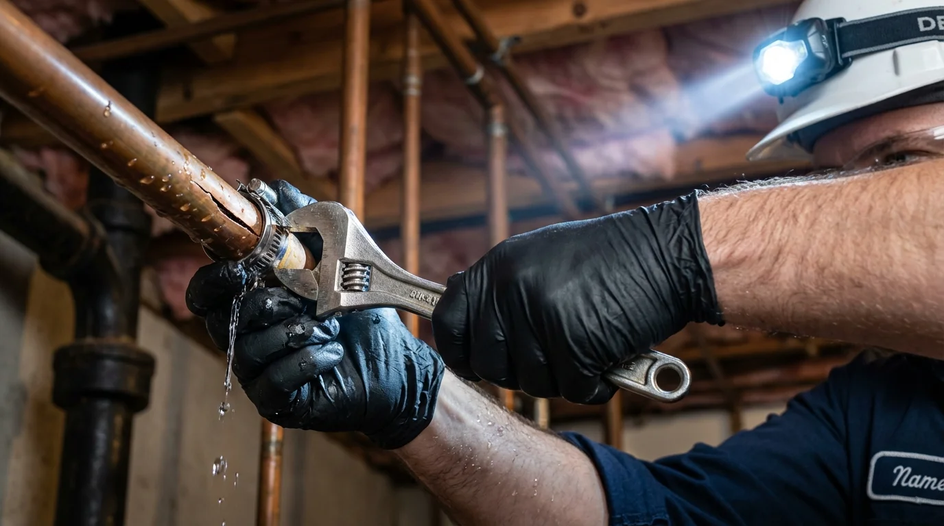 Emergency pipe clamp repair being performed by a Johns Plumbing LLC plumber in Comanche