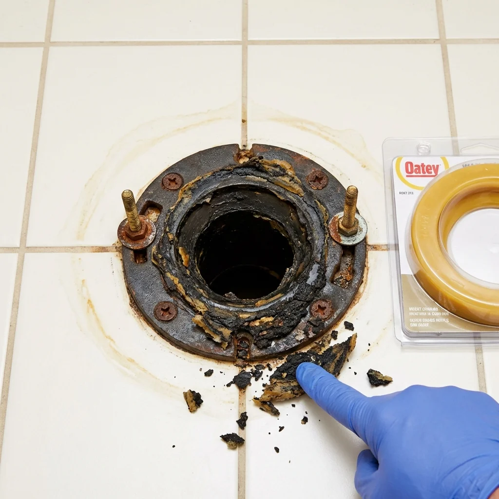 Failed wax ring showing water seepage at the base of a toilet in a Comanche, OK home
