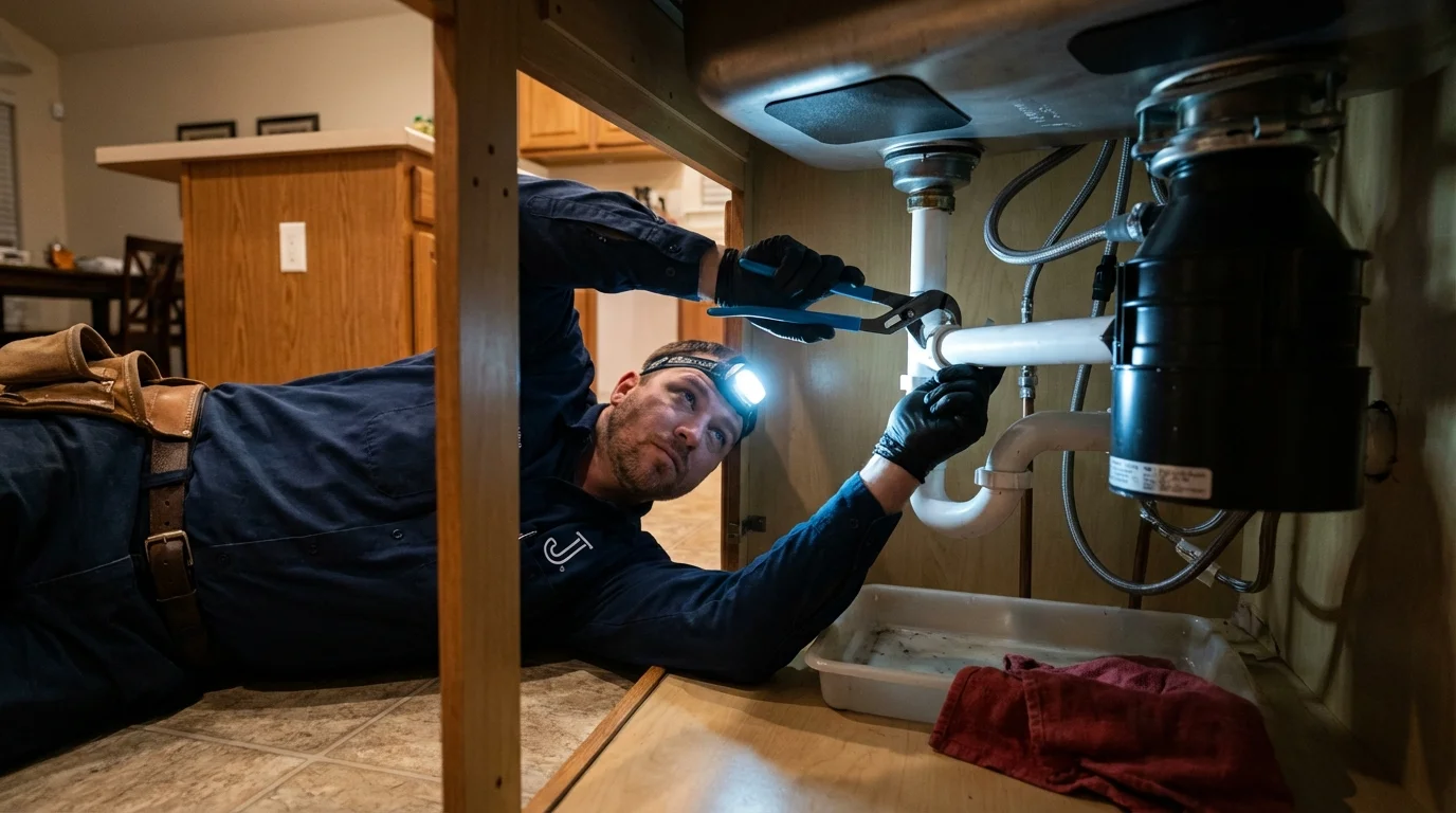 P-trap and supply line connections under a kitchen sink showing a common leak point in Comanche, OK